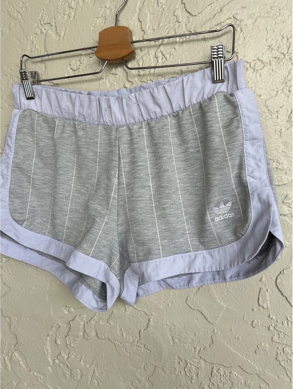 Adidas Womens S Gray Purple Three Stripe Woven Running Shorts.